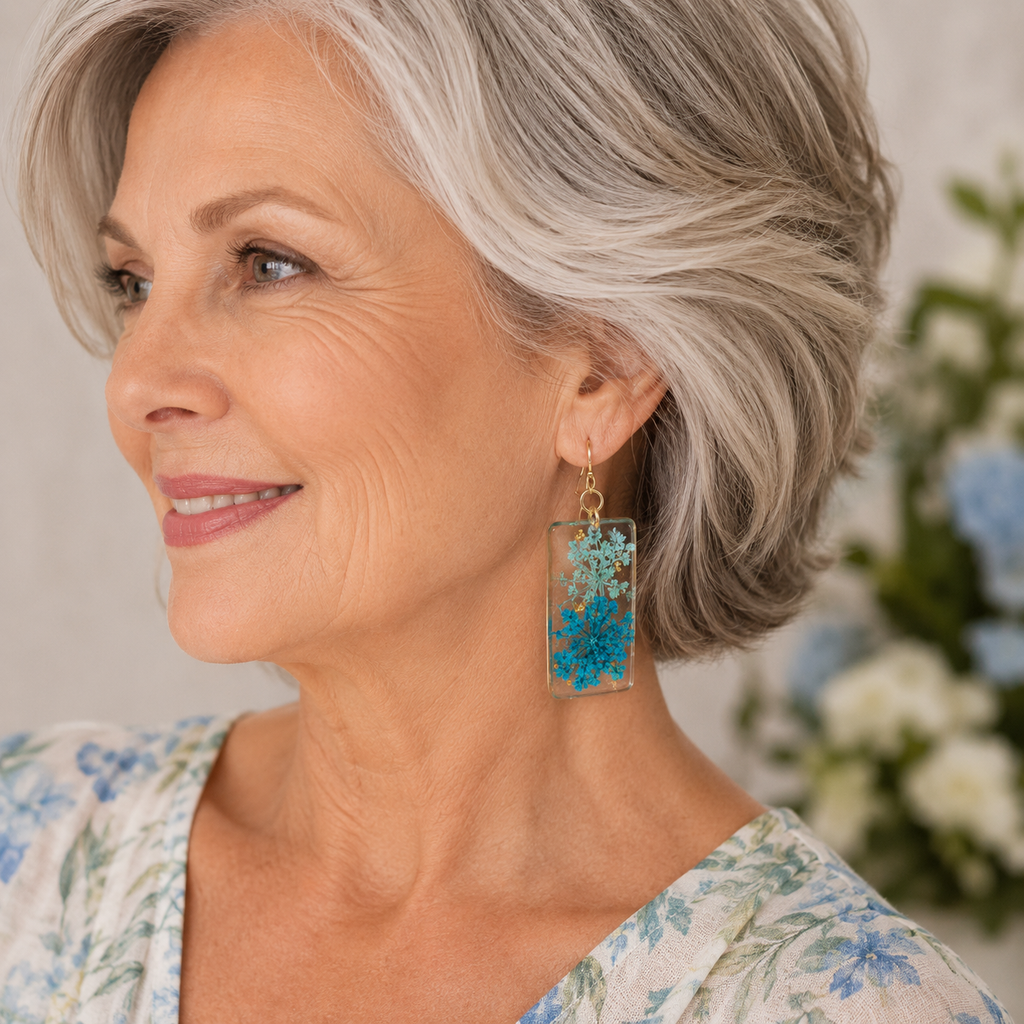 Rectangle Queen Ann's Lace Dried Flower Earrings