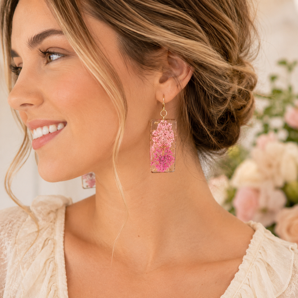 Rectangle Queen Ann's Lace Dried Flower Earrings