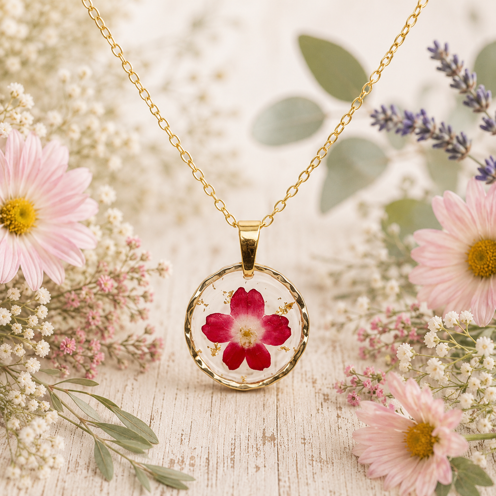 Red Pressed Flower Necklace