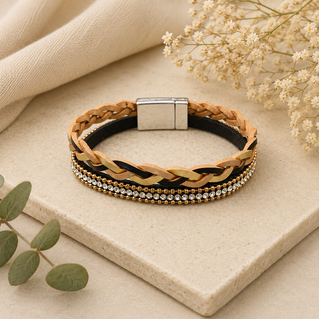 Leather Braided Magnetic Braclets - Black and Gold