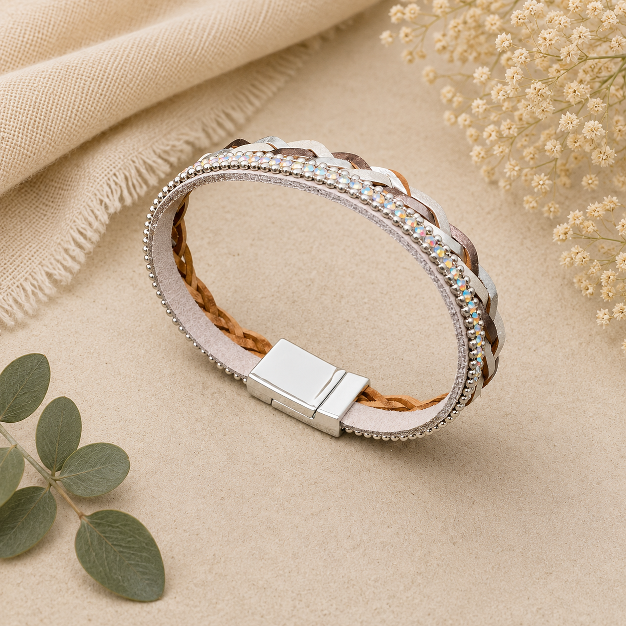 Braided Leather Bracelet - Silver
