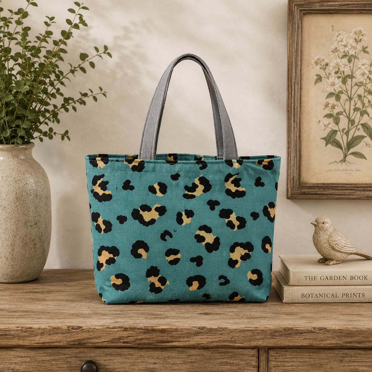 Green Leopard Print Canvas Tote