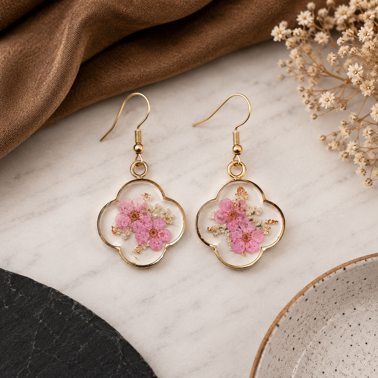 Pressed Pink Flower Earrings