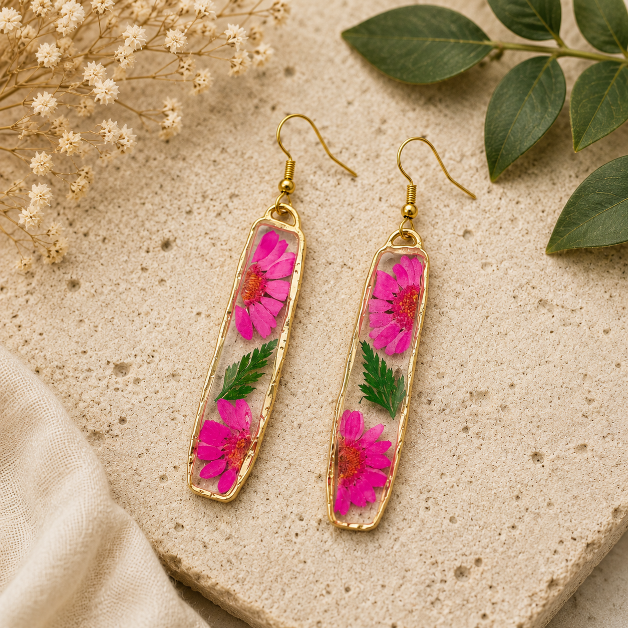 Rectangle Hot Pink Pressed Flower Earrings