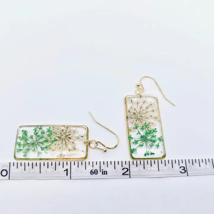 Rectangle Queen Ann's Lace Dried Flower Earrings