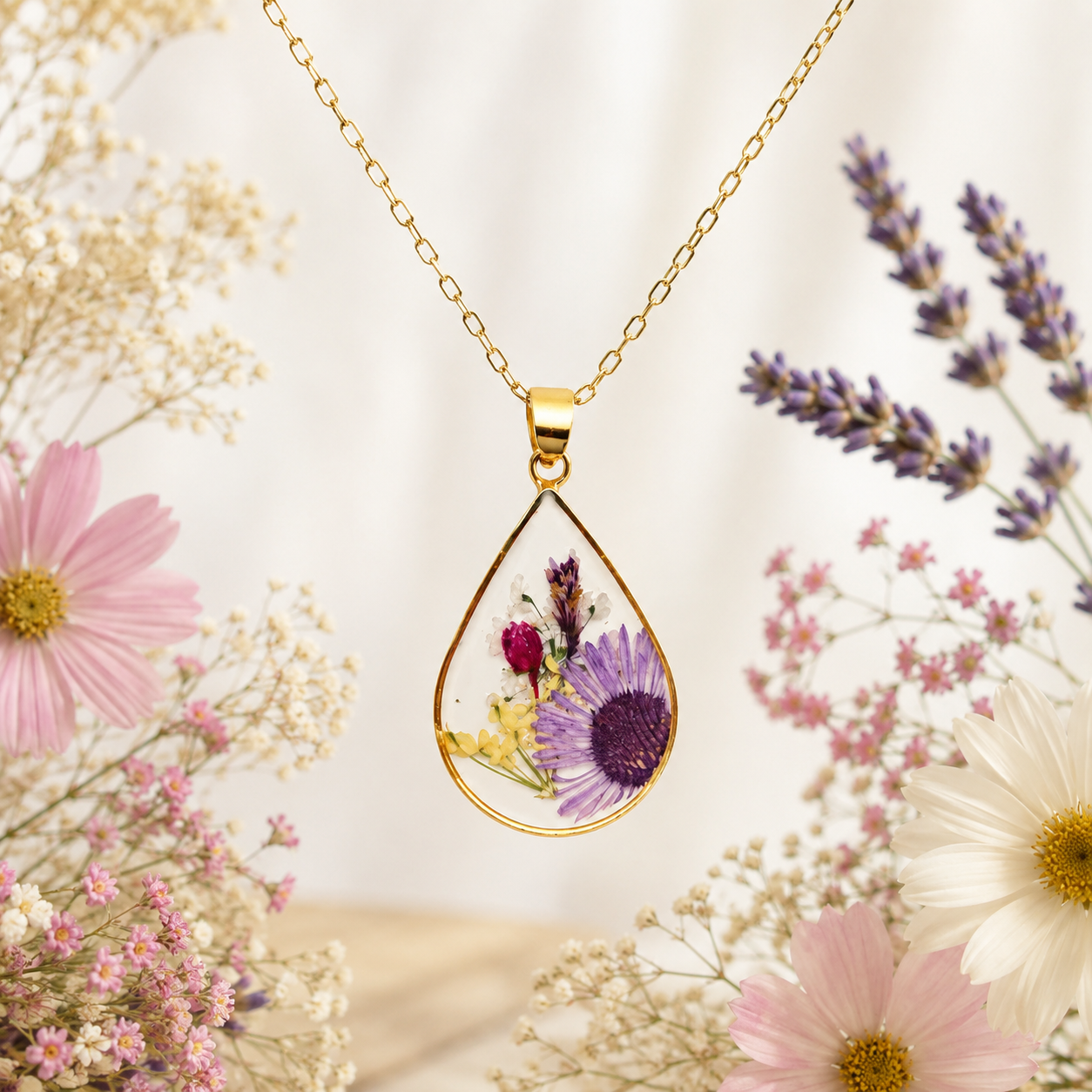 Purple pressed flower necklace