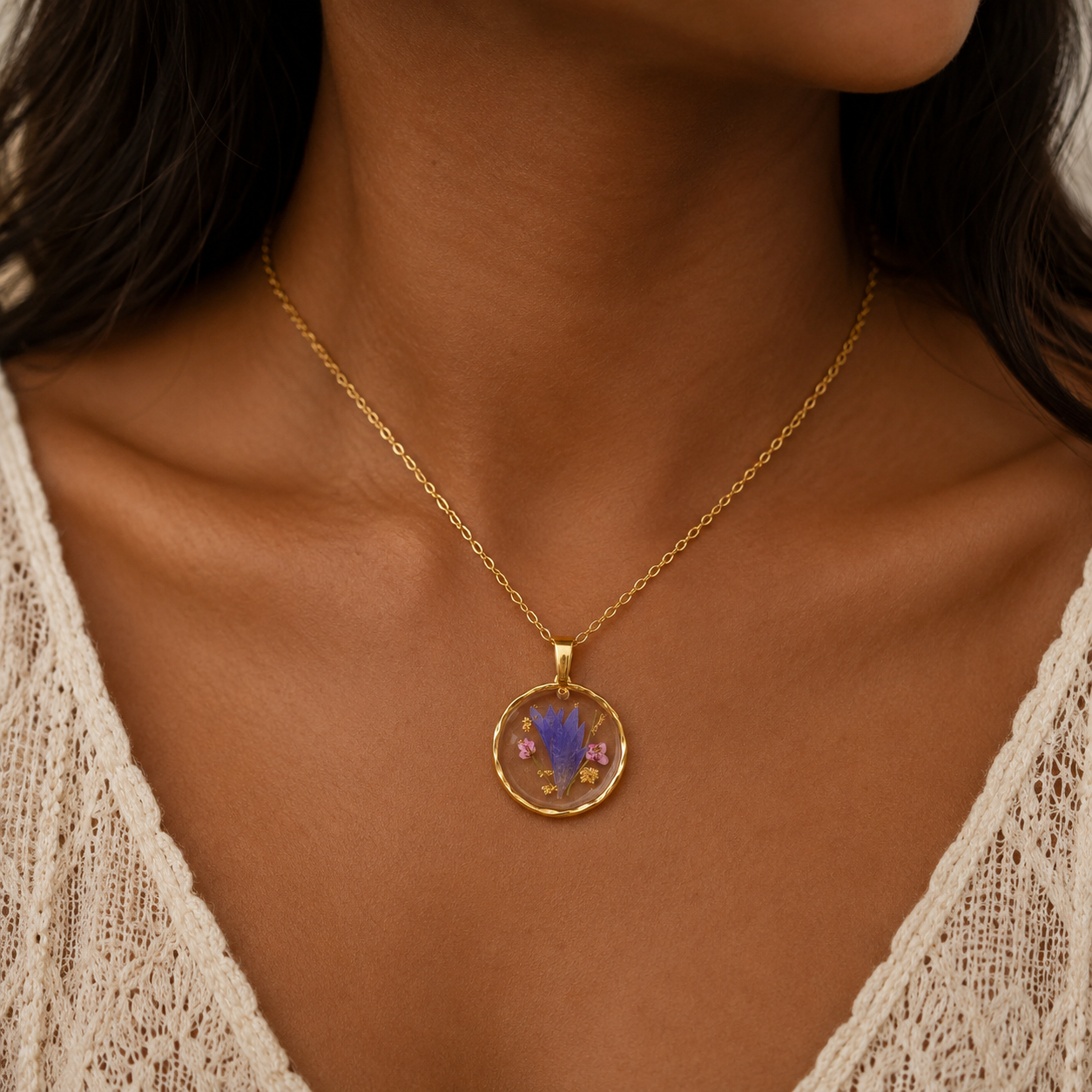 Round Blue Pressed Flower Necklace