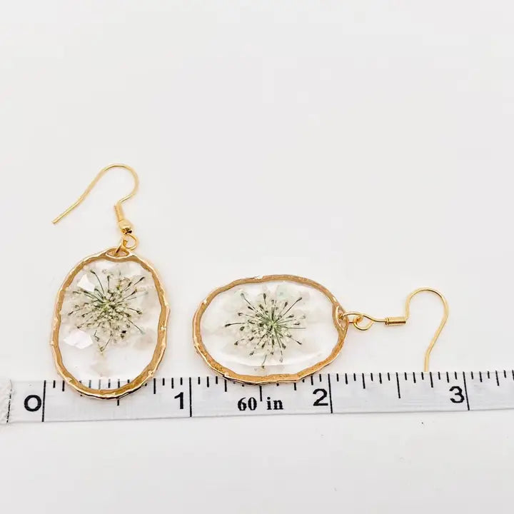 Oval Pressed Flower Earrings - Lace and Gold