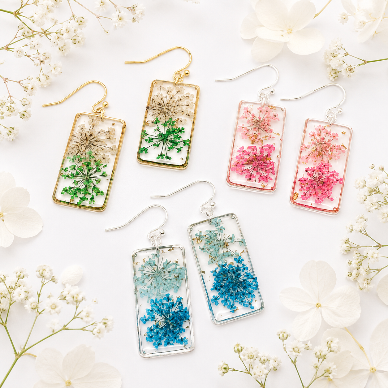 Rectangle Queen Ann's Lace Dried Flower Earrings
