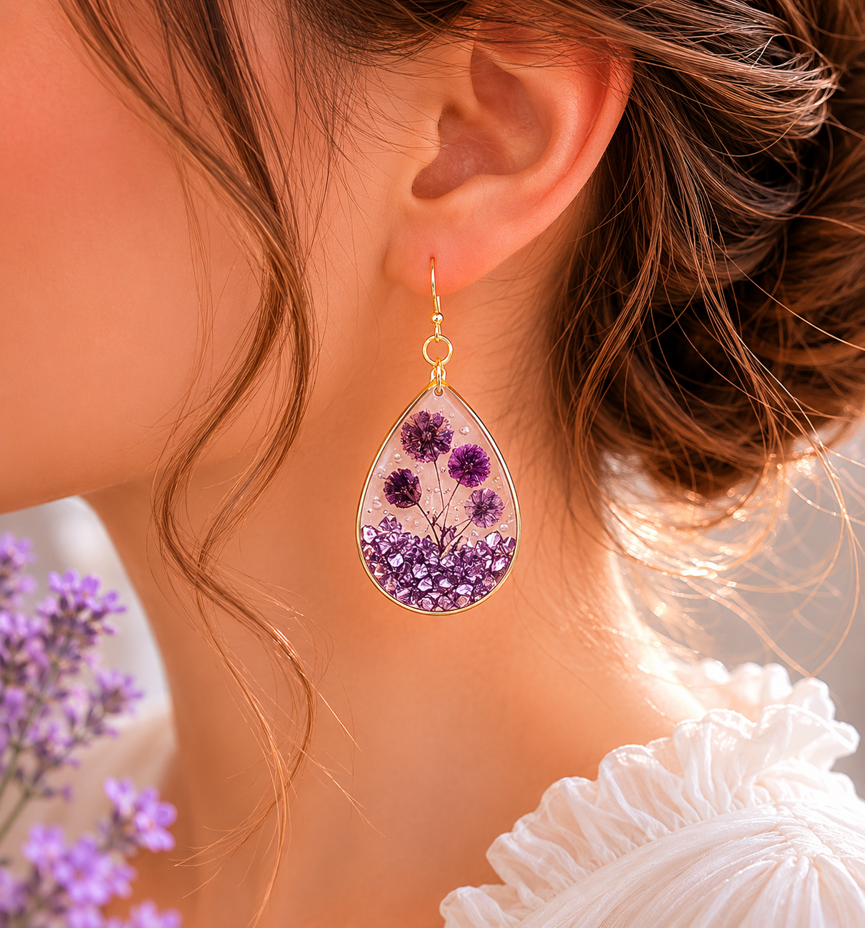 Pressed Flower Purple and Gravel Earrings