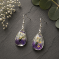 Tear Drop Pansy Pressed Flower Earrings - Silver