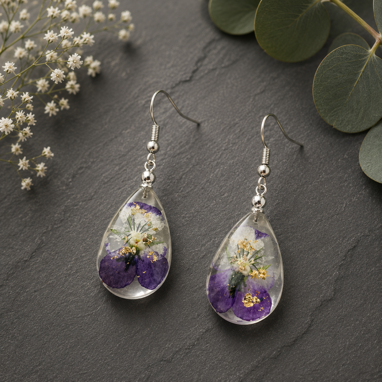 Tear Drop Pansy Pressed Flower Earrings - Silver