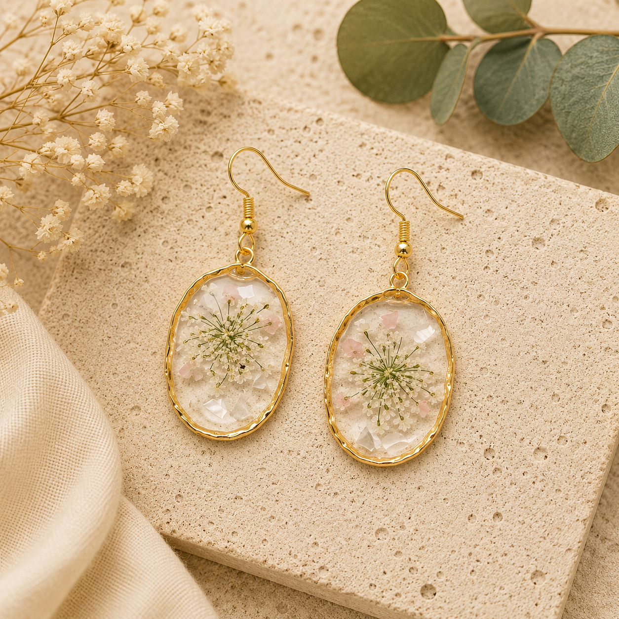 Oval Pressed Flower Earrings - Lace and Gold