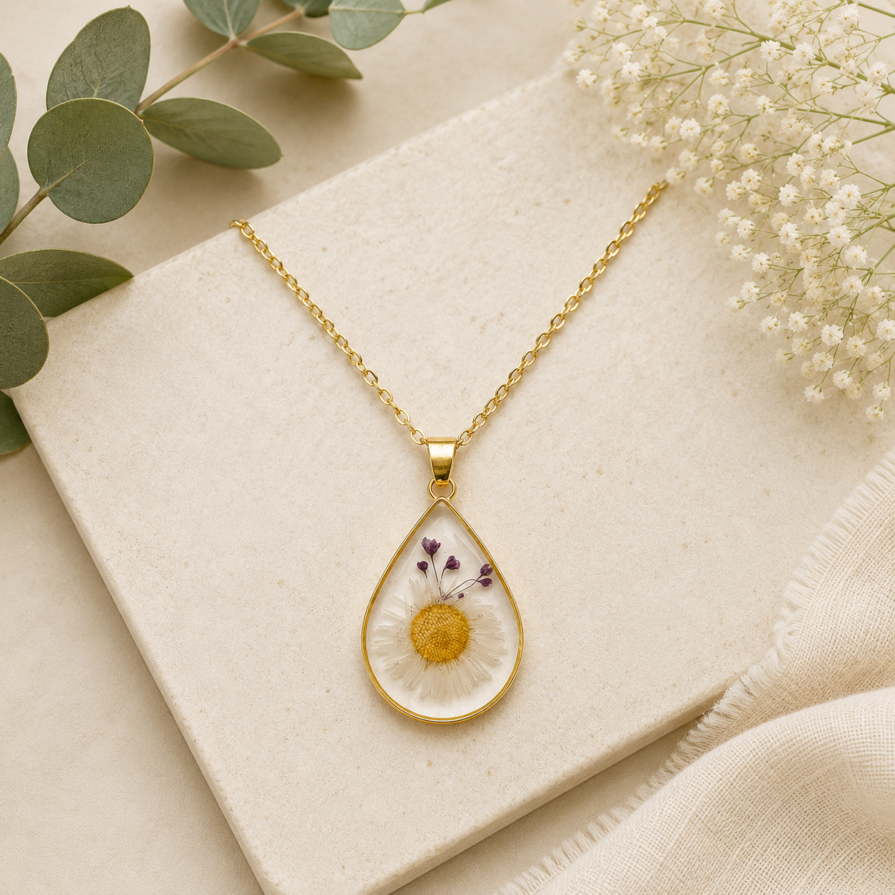 White Chrysanthemum Pressed Flower Necklace