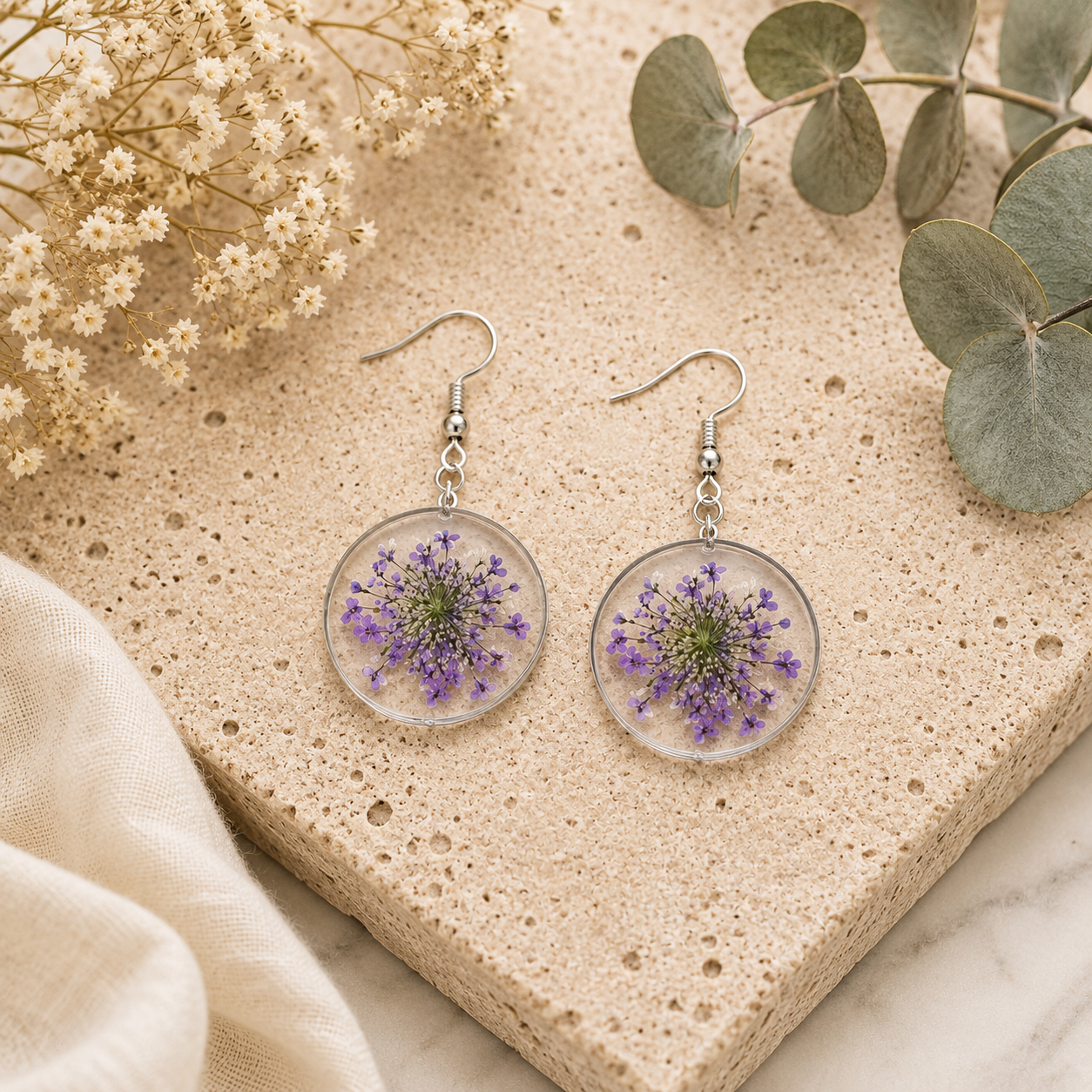 Purple Round Pressed Flower Earrings - Silver