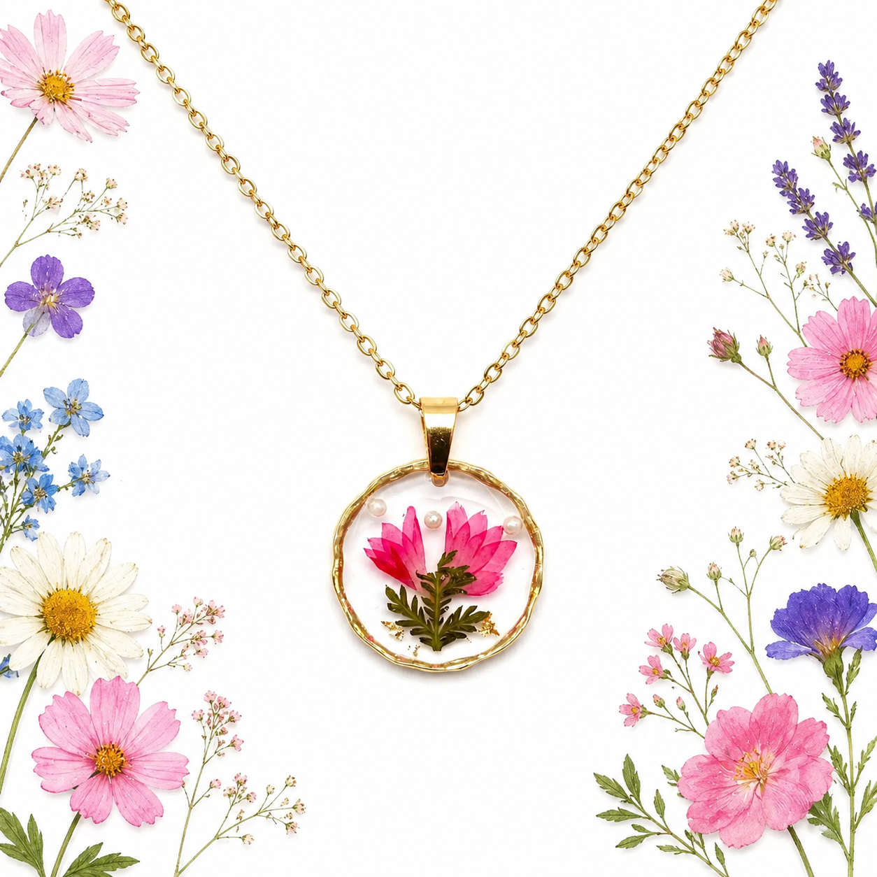 Pink Pressed Flower Necklace