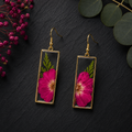 Fuschia Rose and Fern Rectangle Pressed Flower Earrings