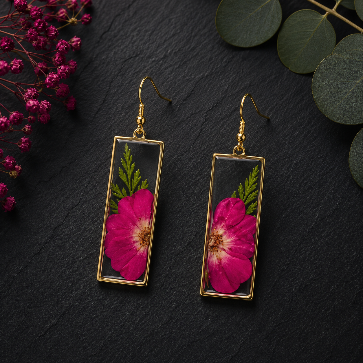 Fuschia Rose and Fern Rectangle Pressed Flower Earrings