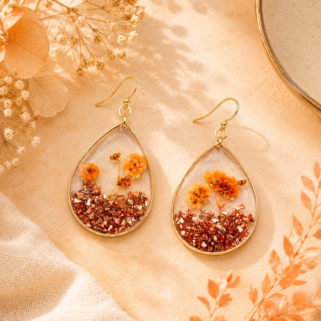 Orange Pressed Flower and Gravel Earrings