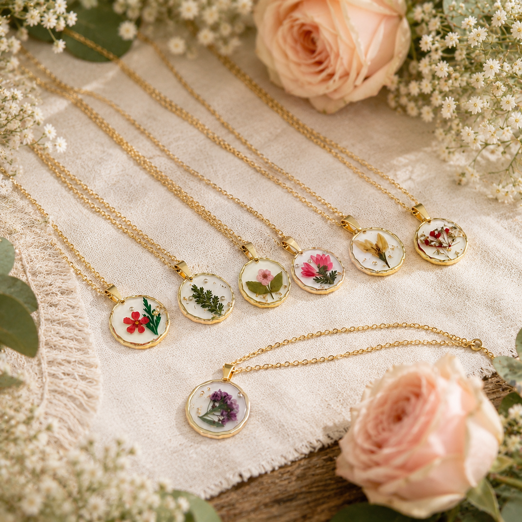 Fuchsia Pressed Flower Necklace