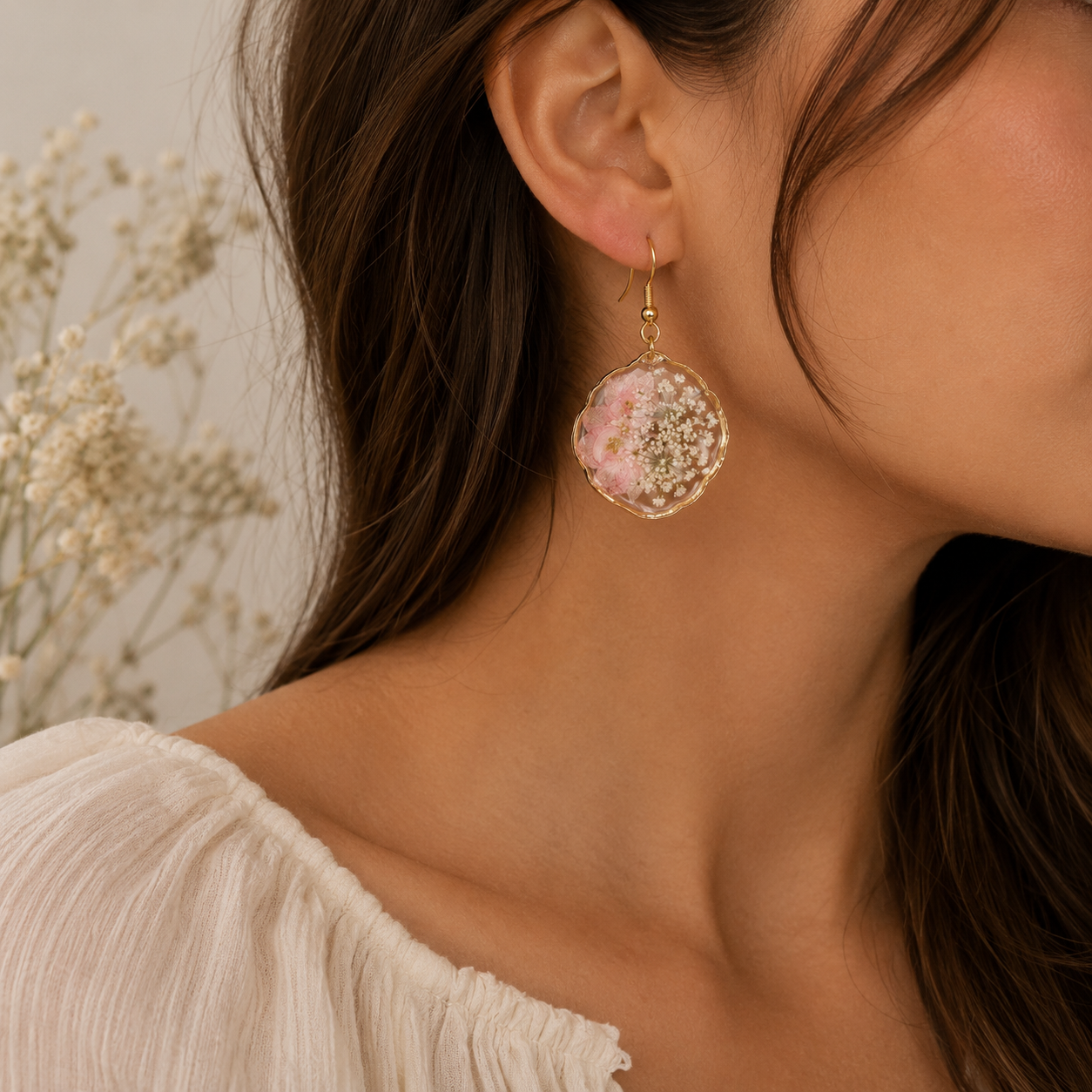 Large Pink Flower and Baby's Breath Earrings