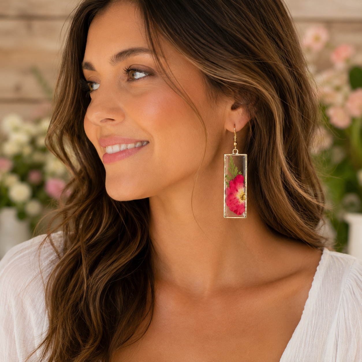 Fuschia Rose and Fern Rectangle Pressed Flower Earrings