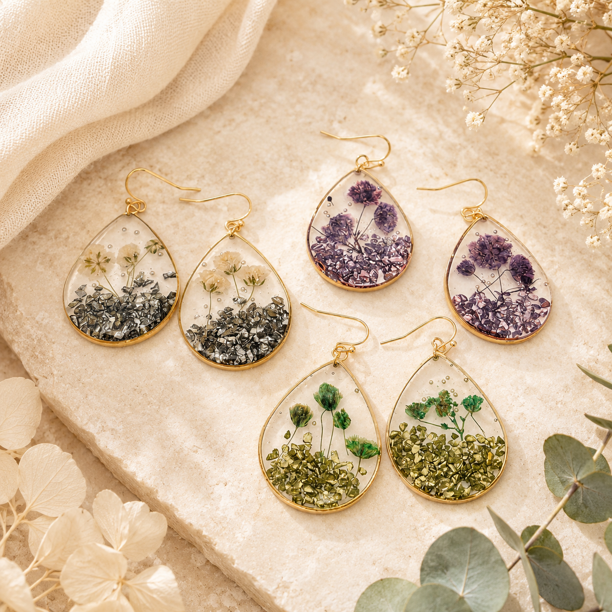Orange Pressed Flower and Gravel Earrings
