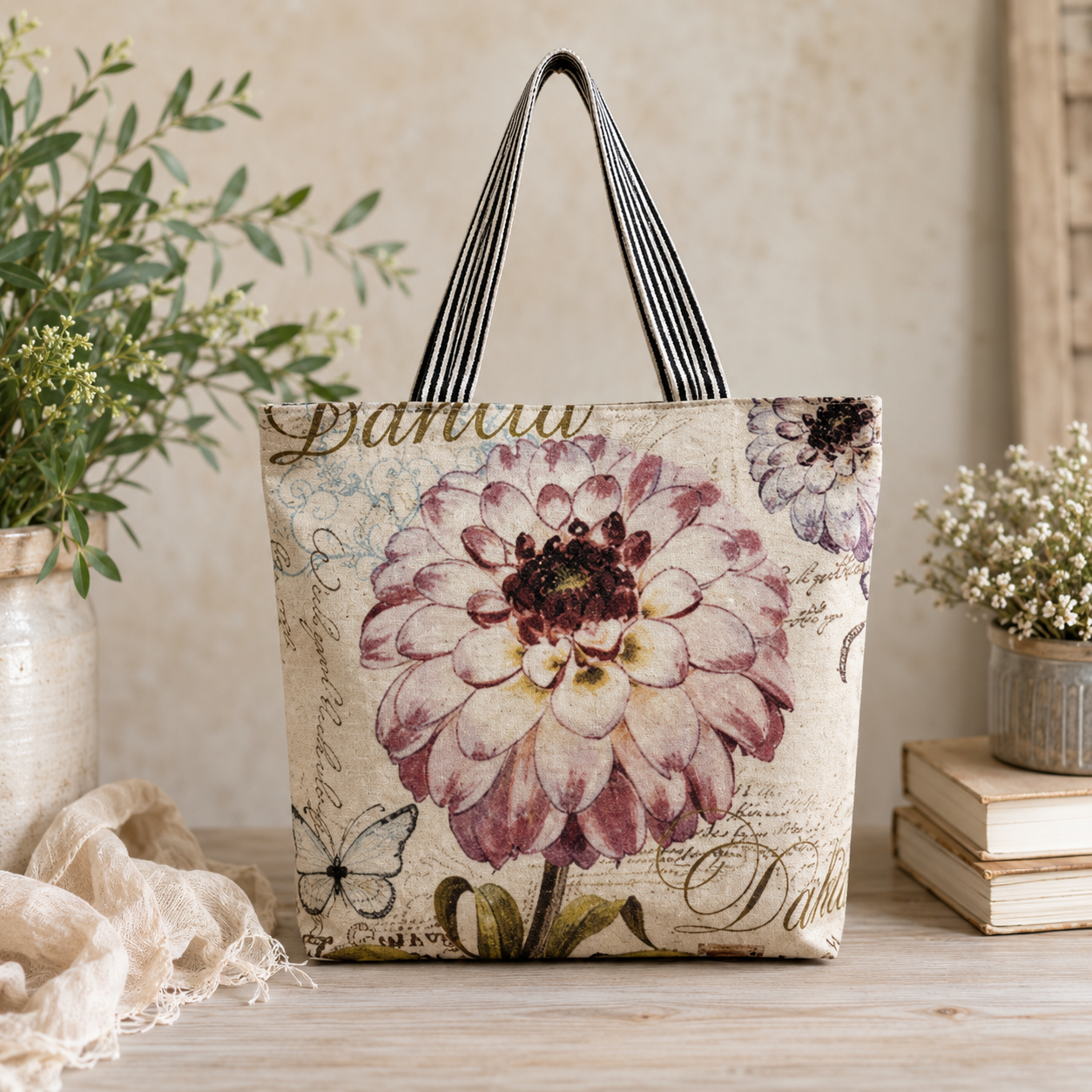 Canvas Floral Tote - Purple