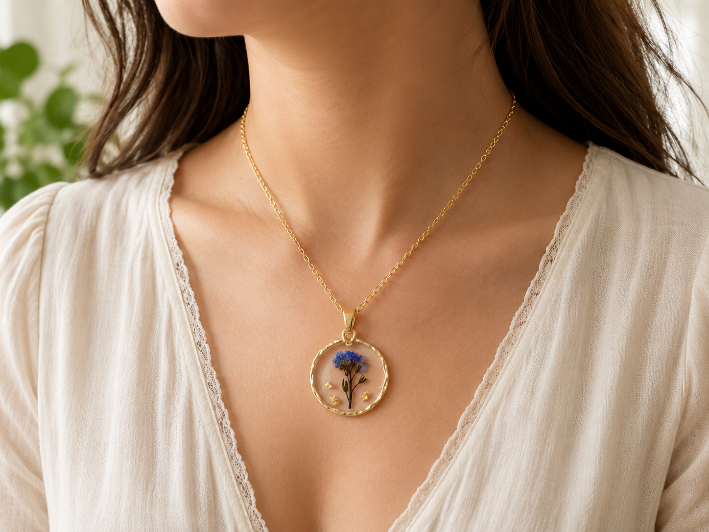 Blue Pressed Flower Necklace in Round Setting