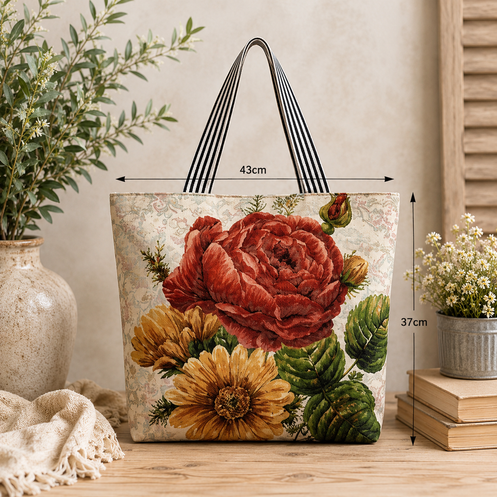 Canvas Tote - Floral Red and Yellow