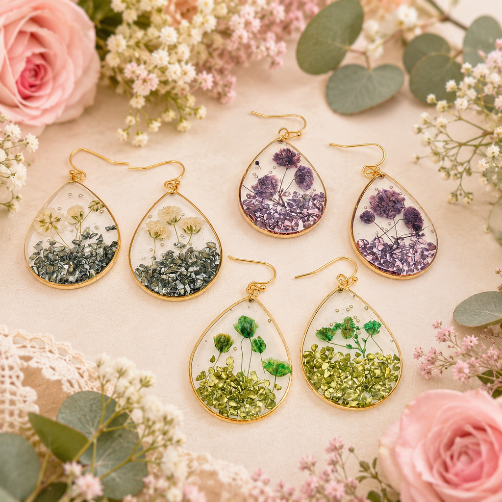 Pressed Flower Purple and Gravel Earrings