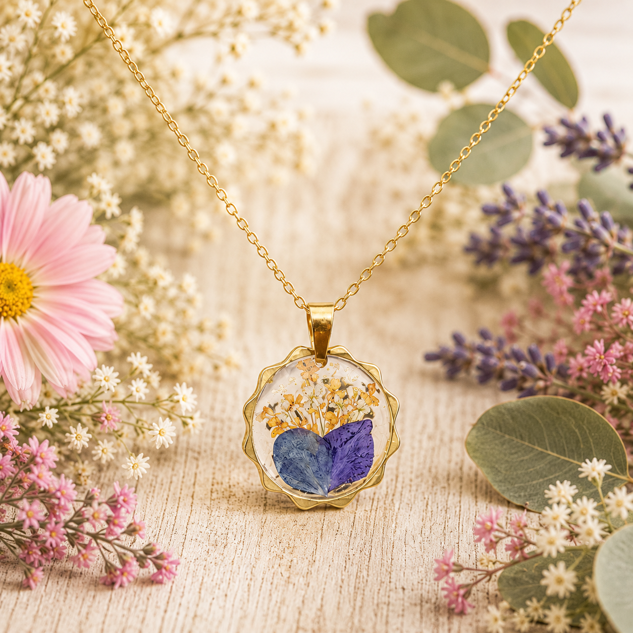 Geometric Gold and Purple Pressed Flower Necklace
