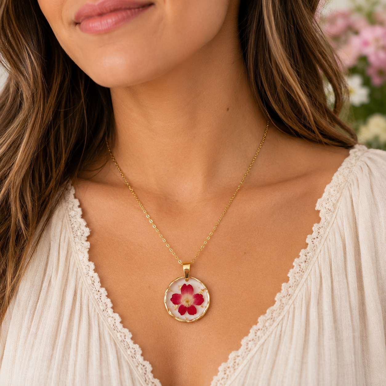 Red Pressed Flower Necklace