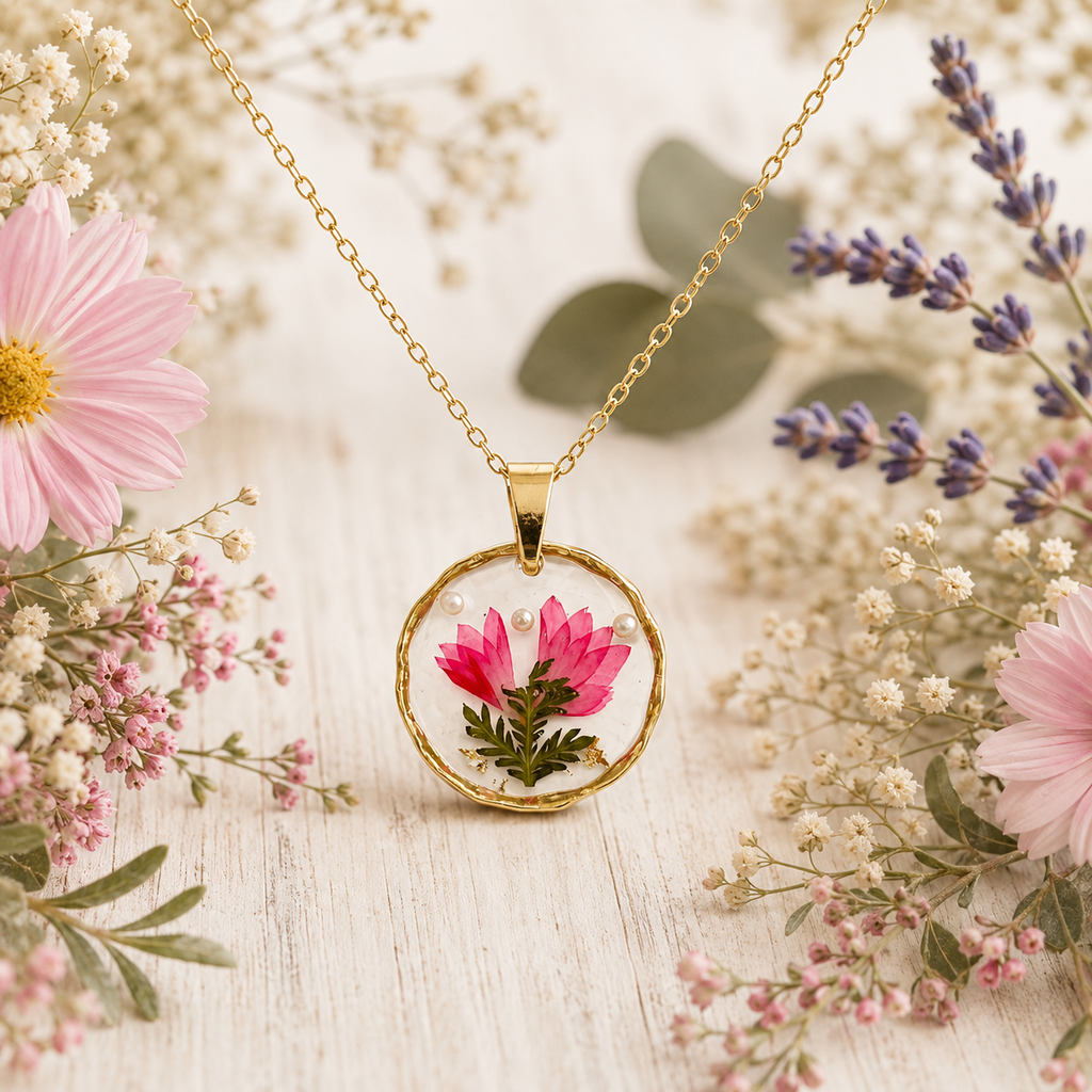 Pink Pressed Flower Necklace