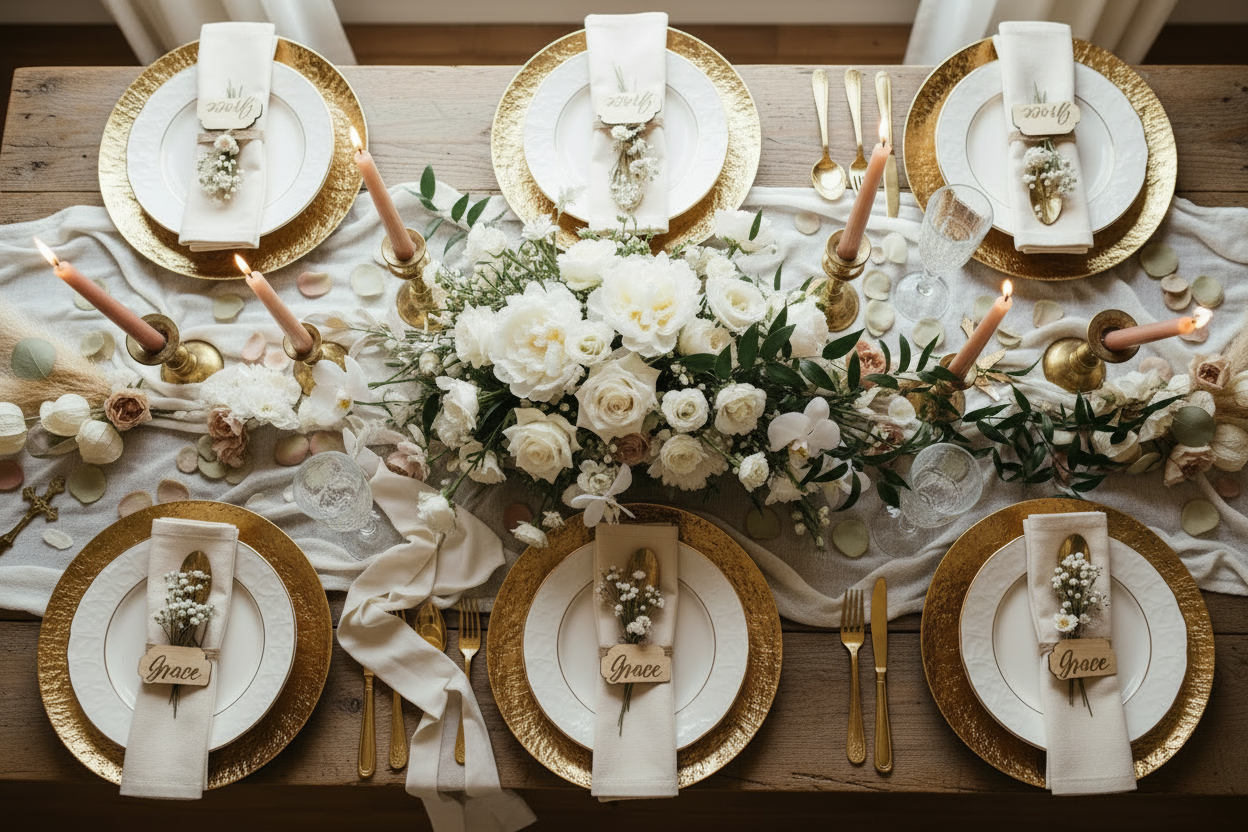 Elegant Wedding Tablescape with Gold Chargers and Greenery