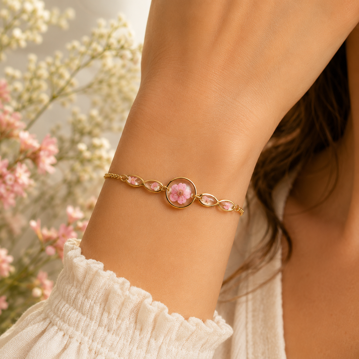 Pressed Pink Flower Bracelet