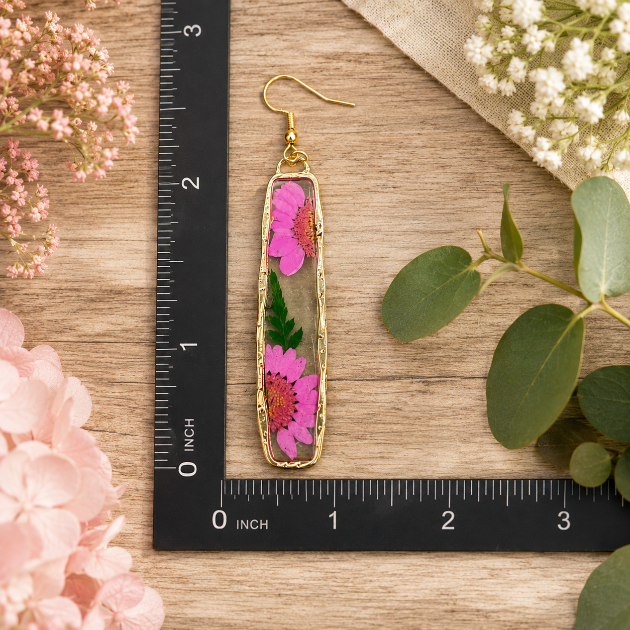 Rectangle Hot Pink Pressed Flower Earrings