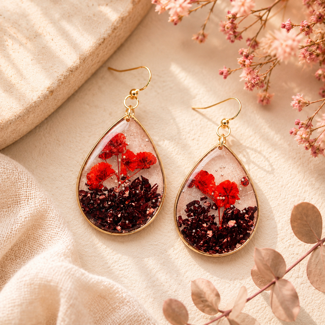 Black and Red Pressed Flower and Gravel Earrings
