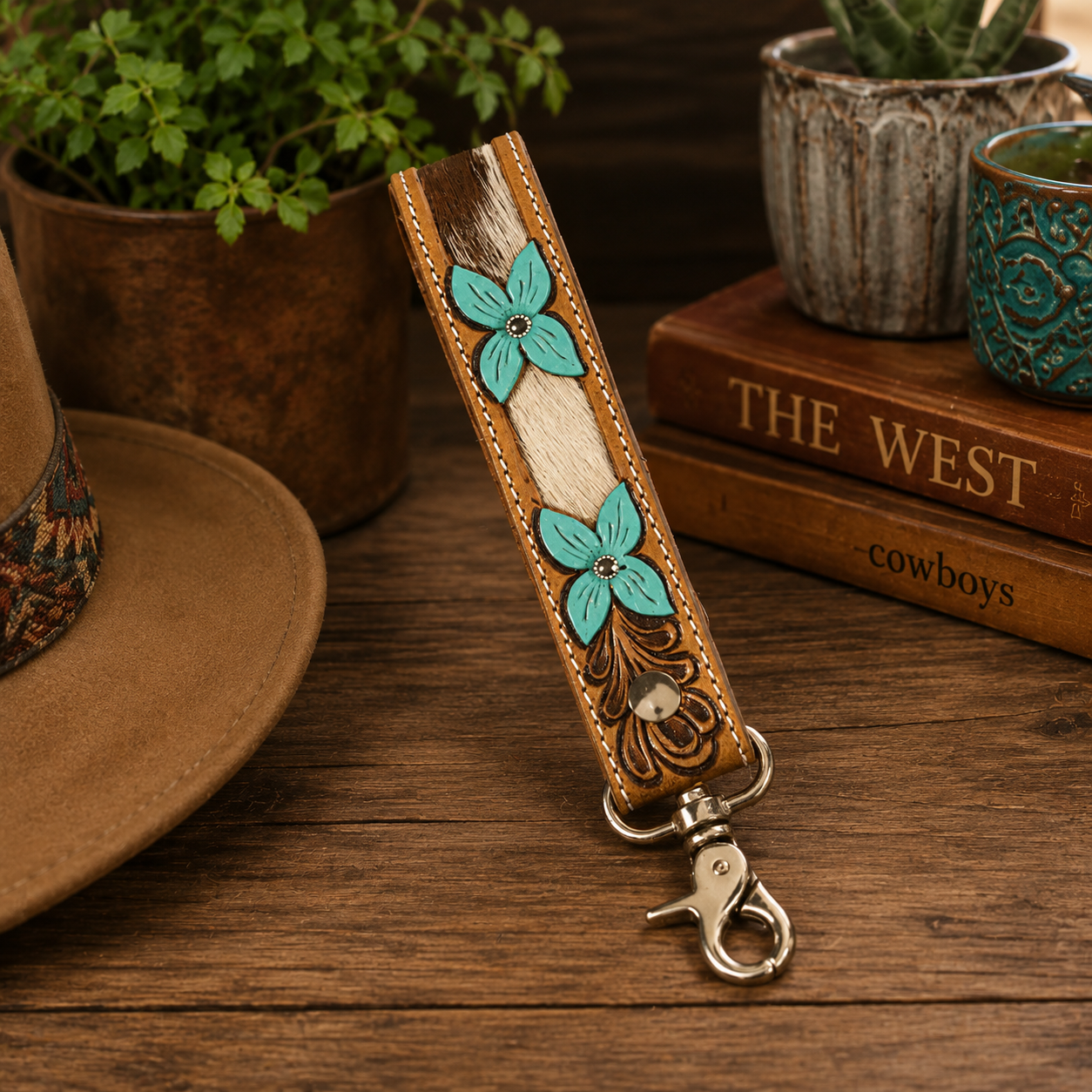 Myra Painted Prairie Hand tooled Key Fob - Desert Lace