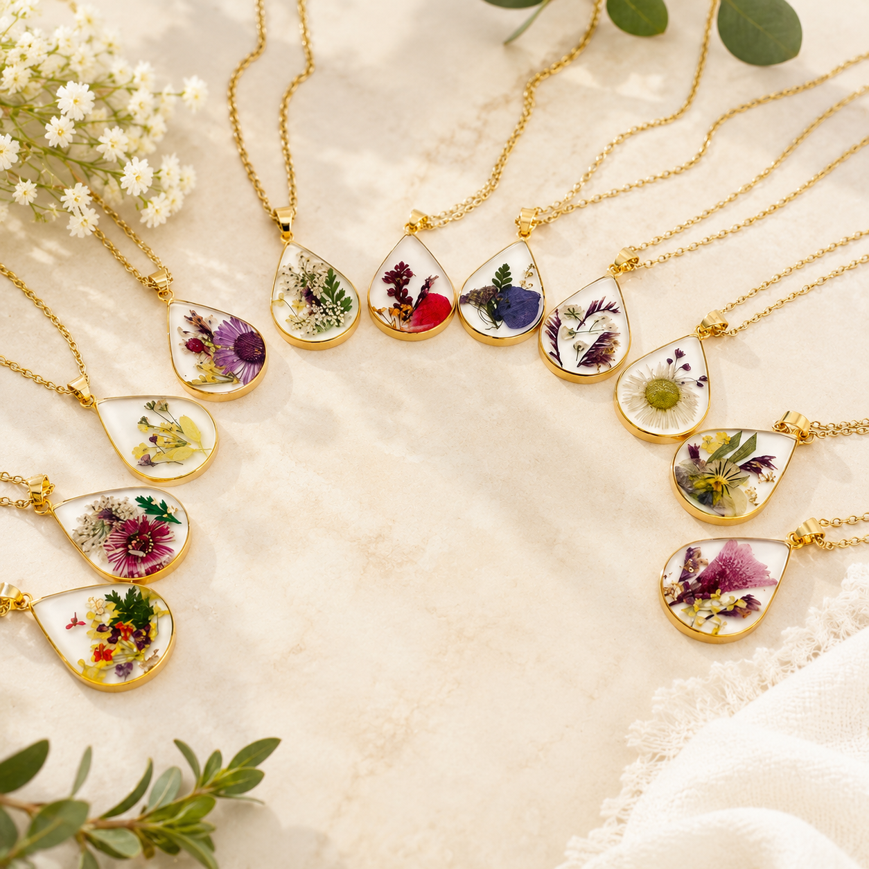 White Chrysanthemum Pressed Flower Necklace