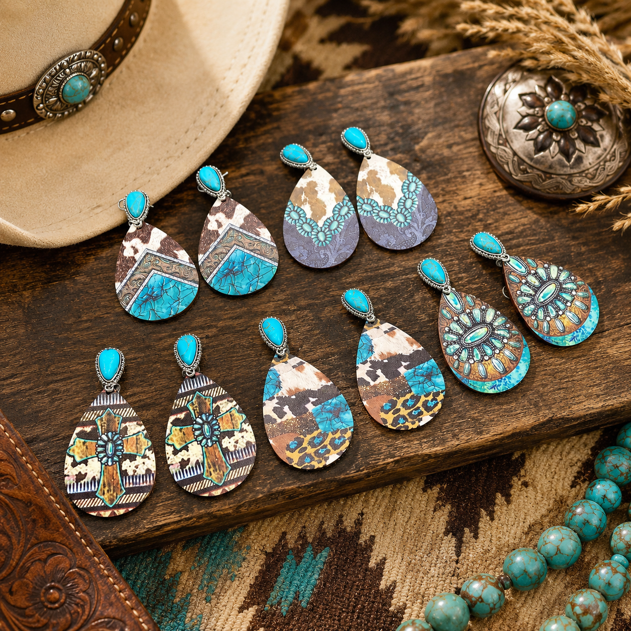 Wooden and Turquois Earrings - Style D